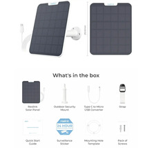 Solární panel Reolink s držákem, převodník typu C na Micro-USB, montážní příslušenství a samolepka pro dohled