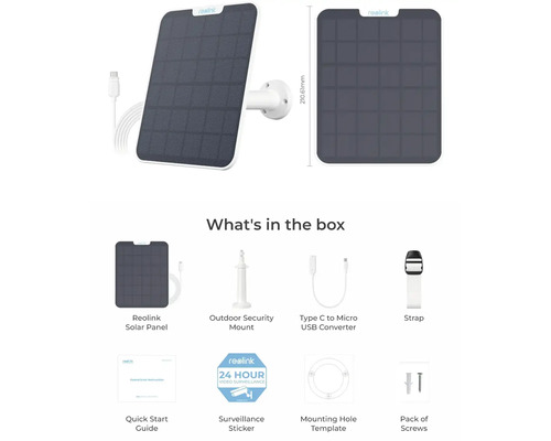 Solární panel Reolink s držákem, převodník typu C na Micro-USB, montážní příslušenství a samolepka pro dohled