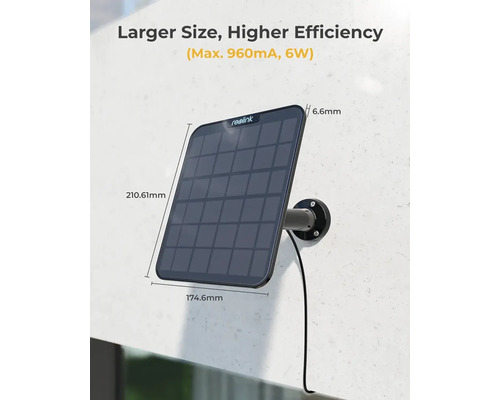 Solární panel Reolink o rozměrech 210,61 mm x 174,6 mm a tloušťce 6,6 mm