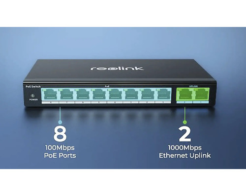 Logo společnosti Reolink. Síťový switch s osmi porty PoE 100 Mb/s a dvěma porty Ethernet Uplink 1 000 Mb/s