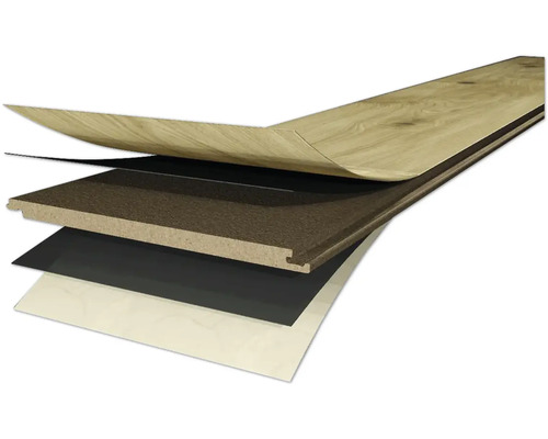 Detailní zobrazení vrstvené struktury laminátové podlahy