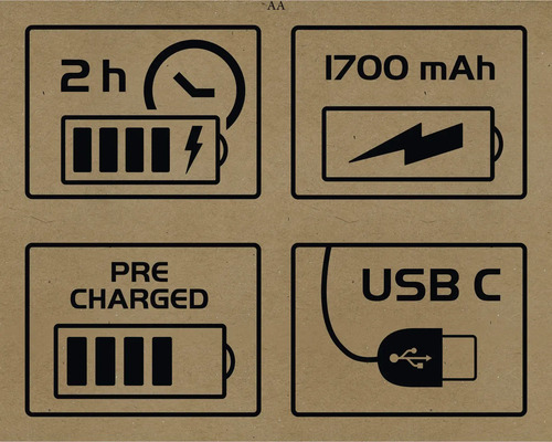Symboly pro dvě hodiny nabíjení, 1700 mAh, přednabité a USB-C