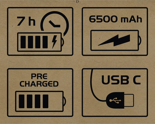 Symboly pro sedm hodin provozu, 6500 mAh, přednabité a USB C