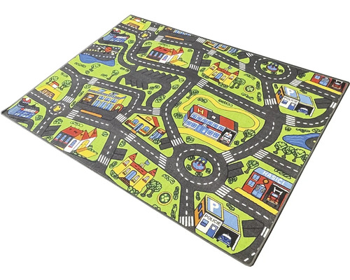 Hrací koberec s ulicemi, budovami a zelenými plochami