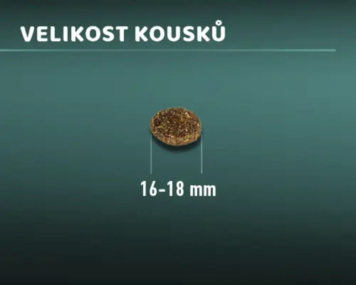 Velikost kousku suchého krmiva pro domácí zvířata o průměru 16 až 18 milimetrů.
