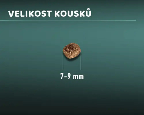 Ilustrace velikosti kousků krmiva pro zvířata o velikosti 7 až 9 milimetrů.