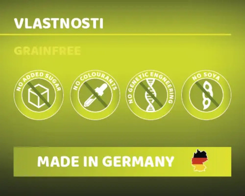 Bez přidaného cukru, bez barviv, bez genetického inženýrství, bez sóji, vyrobeno v Německu
