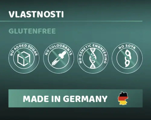 Vlastnosti: Bez lepku, bez přidaného cukru, bez barviv, bez genetické modifikace, bez sóji, vyrobeno v Německu