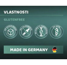Vlastnosti produktu: bez lepku, bez přidaného cukru, bez barviv, bez genetického inženýrství, bez sóji, vyrobeno v Německu