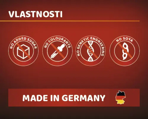 Vlastnosti produktu: Bez přidaného cukru, bez barviv, bez genetického inženýrství, bez sóji, vyrobeno v Německu