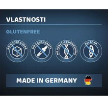 Vlastnosti produktu: bez lepku, bez přidaného cukru, bez barviv, bez genetické modifikace, bez sóji, vyrobeno v Německu