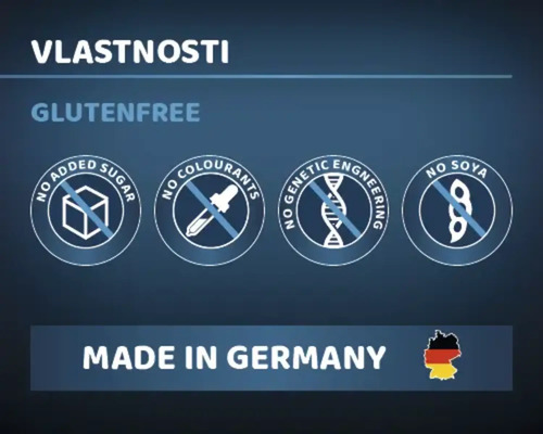 Vlastnosti produktu: bez lepku, bez přidaného cukru, bez barviv, bez genetické modifikace, bez sóji, vyrobeno v Německu