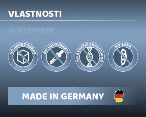 Vlastnosti produktu: bez lepku, bez přidaného cukru, bez barviv, bez genetické modifikace, bez sóji, vyrobeno v Německu