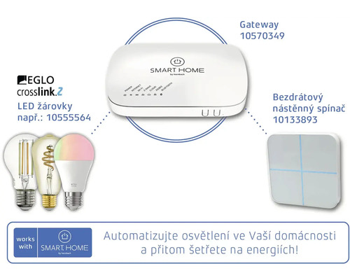 Systém chytré domácnosti s bránou, LED žárovkami a bezdrátovým nástěnným spínačem