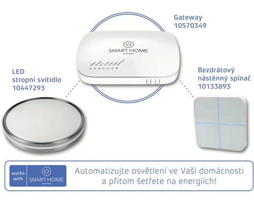 Sada chytré domácnosti skládající se z LED stropního svítidla, brány a bezdrátového nástěnného spínače