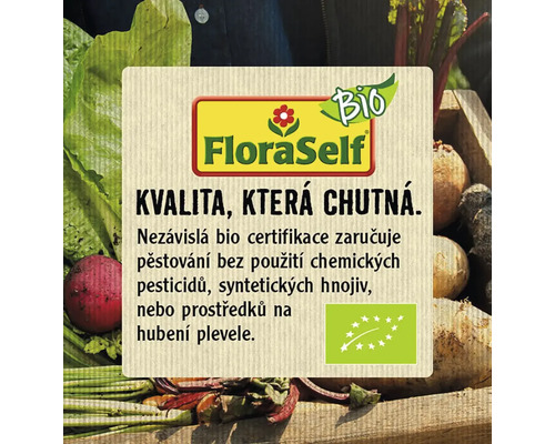 Logo FloraSelf s odkazem na ekologické pěstování a kvalitu.