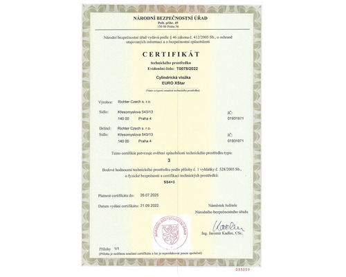 Certifikát cylindrické vložky EURO XStar