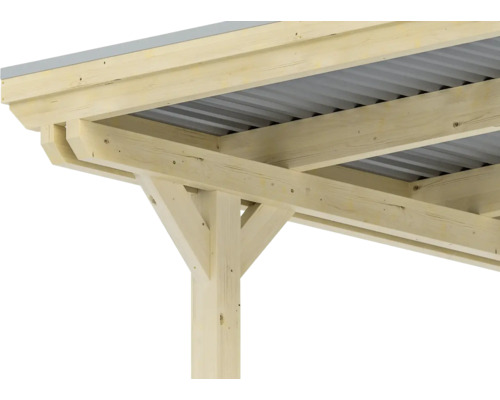 Detail dřevěné pergoly s kovovou střechou