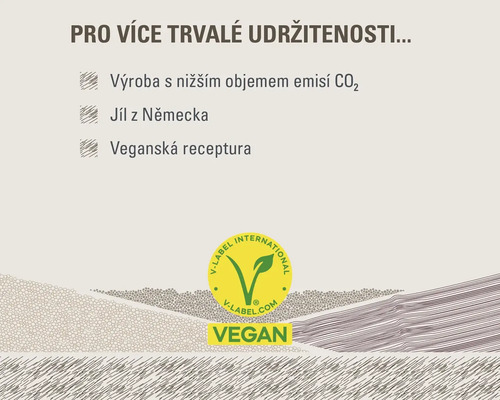 Vlastnosti udržitelnosti: Výroba s nižším objemem emisí CO2, jíl z Německa, veganská receptura, pečeť Vegan