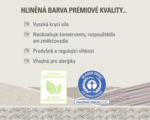 Informace o vlastnostech hliněné barvy, včetně log pro složky bez škodlivých látek a loga Modrý anděl