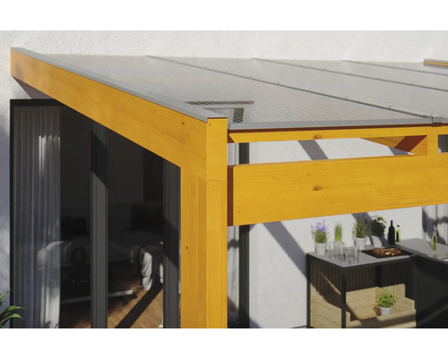 Detail dřevěné terasy s průhlednou střechou