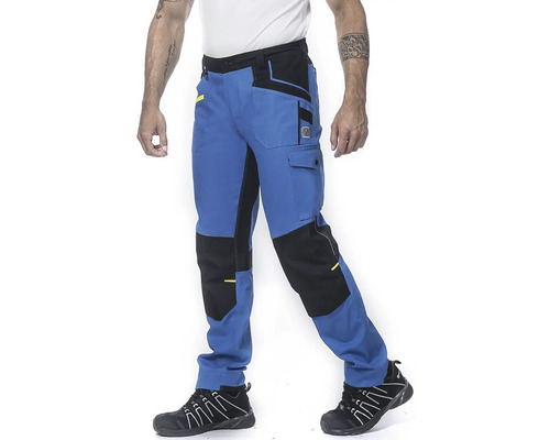 Modré pracovní kalhoty s černými výztuhami