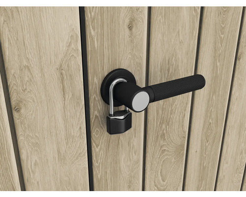 Dřevěné dveře s černou klikou a visacím zámkem