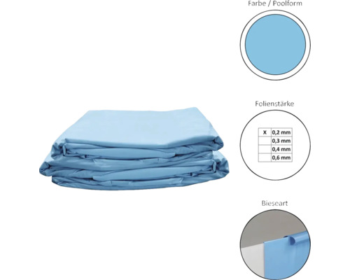 Bazénová fólie s informacemi o barvě, tvaru, tloušťce fólie a typu lemu.