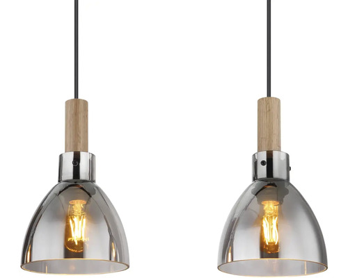 Dvě závěsná svítidla se skleněným stínidlem a dřevěným prvkem