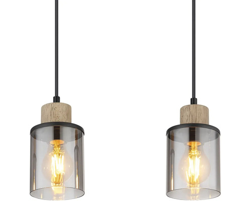 Dvě závěsná svítidla s dřevěným nástavcem a skleněným stínidlem
