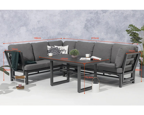 Zahradní sedací souprava s rohovou pohovkou a jídelním stolem, včetně rozměrů