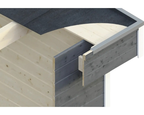 Detailní pohled na srubový dům s lepenkou a hliníkovým zakončovacím profilem