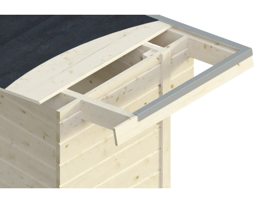 Detailní pohled na dřevěný zahradní domek s lepenkou a kovovým obložením