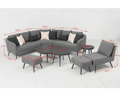 Šedá sedací souprava s rohovou pohovkou, polštáři, stoly a podnožkou s rozměry