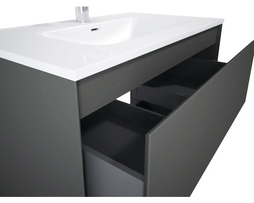 Skříňka pod umyvadlo s umyvadlem a otevřenými zásuvkami