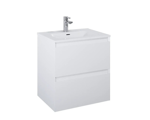 Bílá umyvadlová skříňka se dvěma zásuvkami a baterií