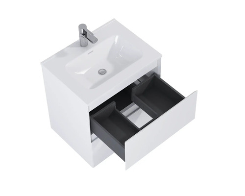 Umyvadlová skříňka s otevřenou zásuvkou a umyvadlem