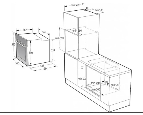 Rozměrový nákres vestavné trouby pro plánování kuchyně