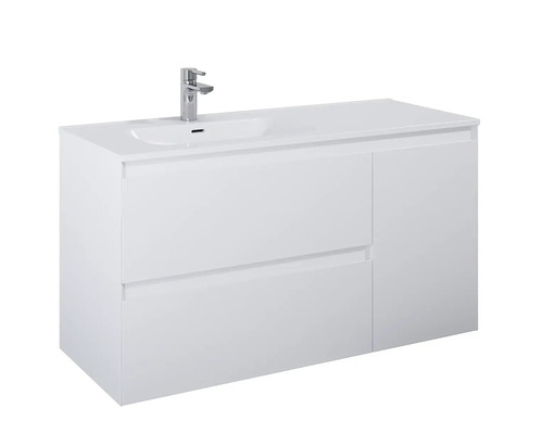 Bílá skříňka pod umyvadlo se dvěma zásuvkami a úložným prostorem včetně vodovodní baterie.