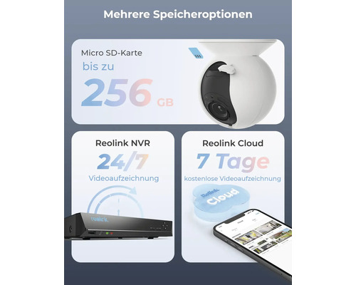 Několik možností ukládání pro kameru Reolink: Micro SD karta až 256 GB, Reolink NVR 24/7 videozáznam, Reolink Cloud 7 dní bezplatného videozáznamu