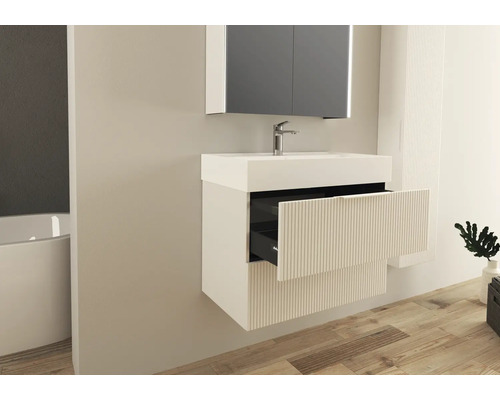 Moderní koupelna s umyvadlovou skříňkou, umyvadlem a zrcadlovou skříňkou pro stylové prostředí