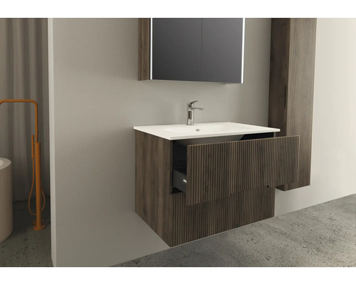 Koupelna s umyvadlovou skříňkou, umyvadlem, zrcadlovou skříňkou a vysokou skříňkou