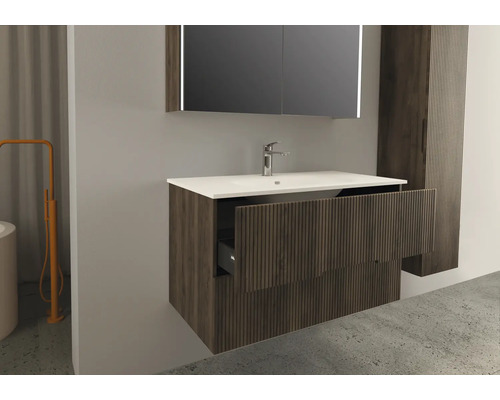 Kombinace umyvadla s umyvadlem, zrcadlovou skříňkou a vysokou skříňkou v koupelně