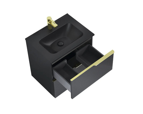 Umyvadlová skříňka s otevřeným prvkem zásuvky a zlatou armaturou