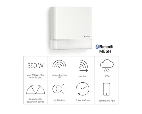 Senzor Steinel s detaily o produktu a funkcí Bluetooth Mesh