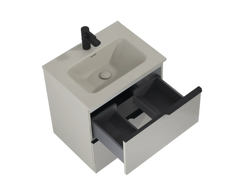 Umyvadlová skříňka s otevřeným zásuvkovým prvkem a armaturou