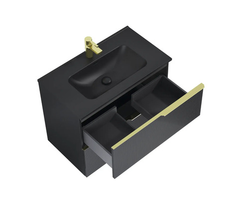 Černá umyvadlová skříňka se dvěma zásuvkami a zlatými úchyty