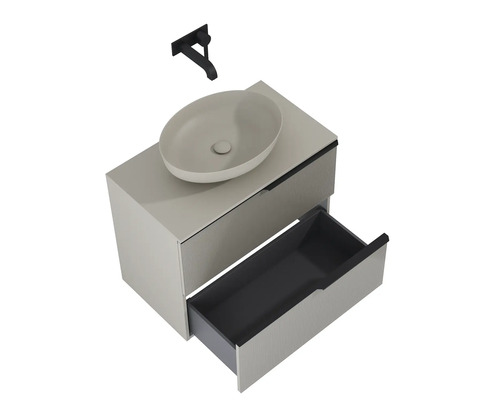 Umyvadlová skříňka s umyvadlem na desku, otevřená zásuvka a vodovodní baterie