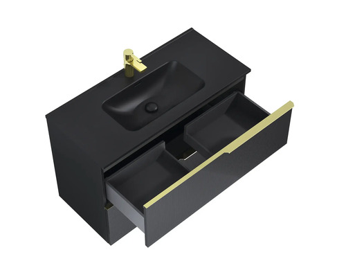 Umyvadlo se skříňkou, otevřenou zásuvkou a baterií