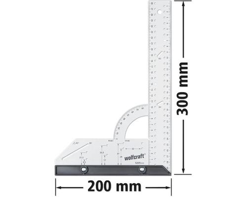 Logo Wolfcraft, 300milimetrová rýsovací úhelnice se stupnicí a dorazem